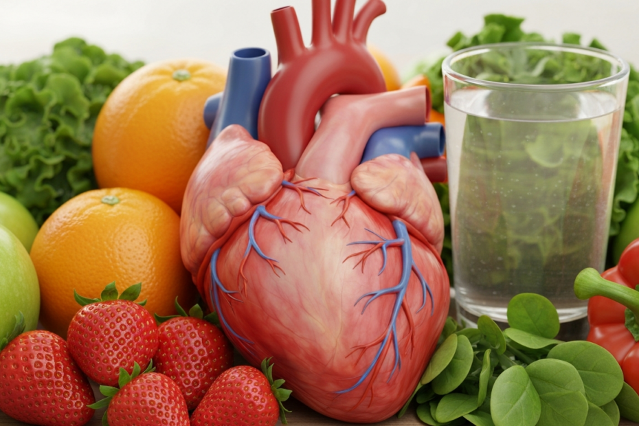 A photorealistic image of a healthy human heart with vibrant red and pink tones, surrounded by fresh fruits, vegetables, and a glass of water, symbolizing cardiovascular health and nutrition.