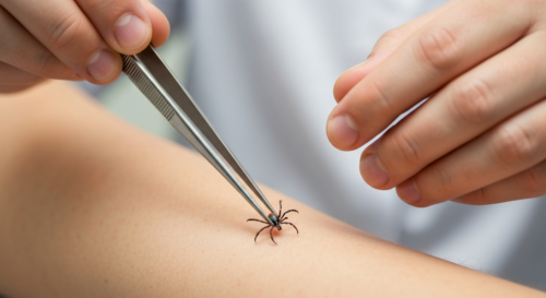 Photorealistic close-up of a tick attached to human skin, with tweezers approaching it correctly, natural lighting, medical context, no text or logos.