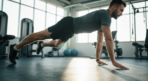 A photorealistic image of a person performing the gorilla walk exercise in a gym setting, hands and feet on the floor, back straight, moving forward with opposite limbs, wearing athletic clothing, nat
