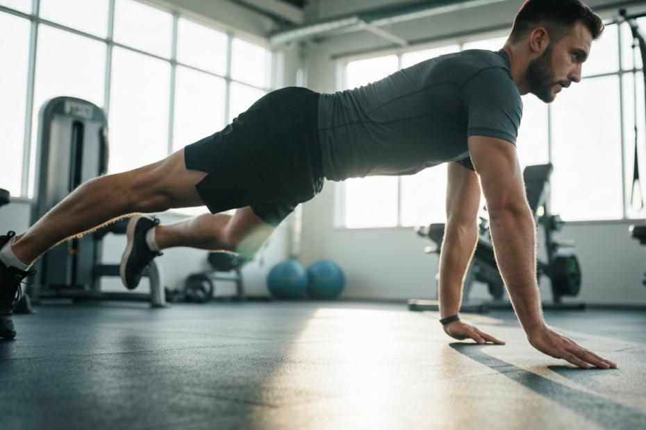Caminata del gorila: ejercicio completo para fuerza y coordinación 1 A photorealistic image of a person performing the gorilla walk exercise in a gym setting, hands and feet on the floor, back straight, moving forward with opposite limbs, wearing athletic clothing, nat