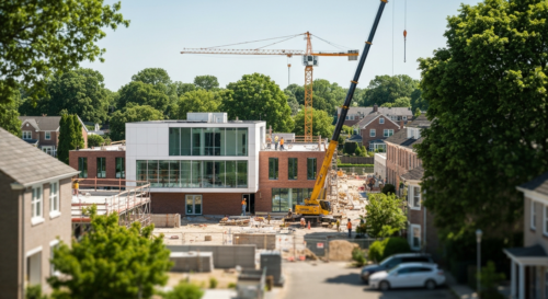 A photorealistic image of a modern health center under construction in a sunny residential neighborhood, with workers and cranes, surrounded by houses and trees, bright daylight.