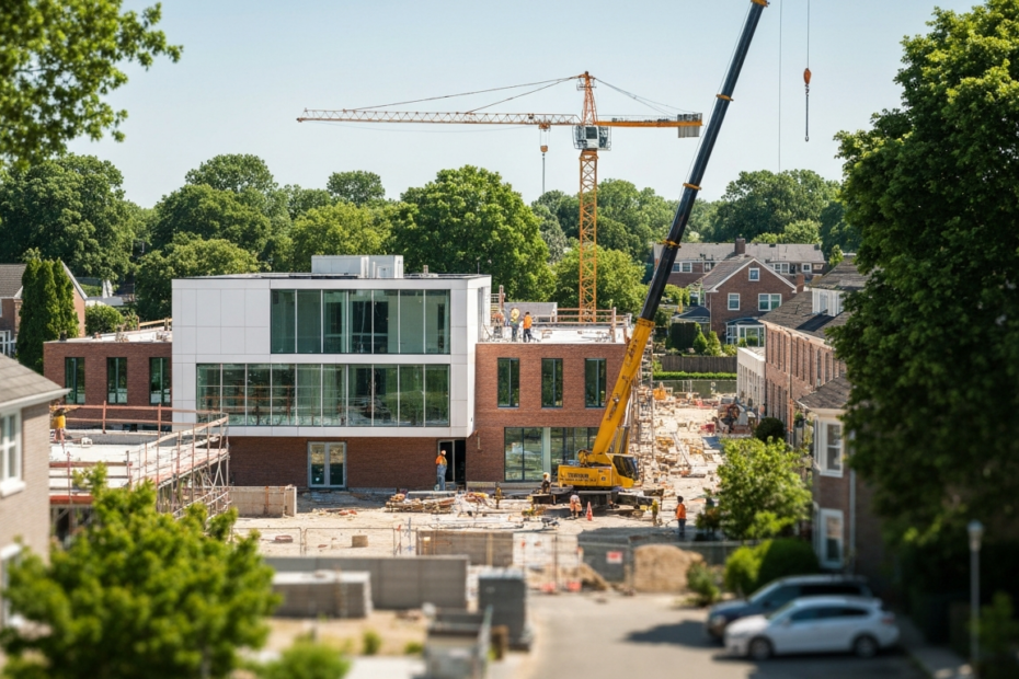 Cómo la construcción de centros de salud mejora el acceso sanitario local 1 A photorealistic image of a modern health center under construction in a sunny residential neighborhood, with workers and cranes, surrounded by houses and trees, bright daylight.
