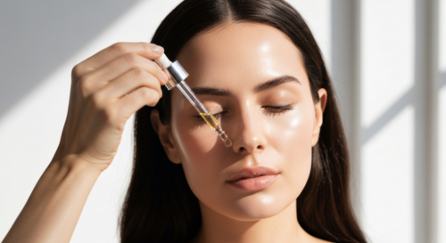 A photorealistic close-up of a woman with glowing skin, applying a serum with a dropper, with a clean white background and soft natural lighting.