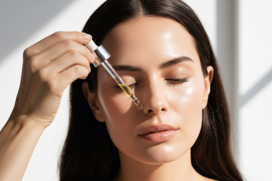 Rituales de Belleza de Famosas: Secretos y Ciencia 1 A photorealistic close-up of a woman with glowing skin, applying a serum with a dropper, with a clean white background and soft natural lighting.
