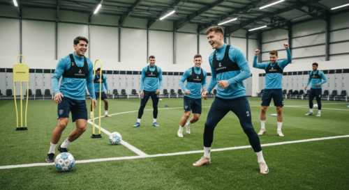 Photorealistic image of a modern football training session with players wearing branded gear, using high-tech equipment like GPS vests and smart balls, in a well-equipped training facility.