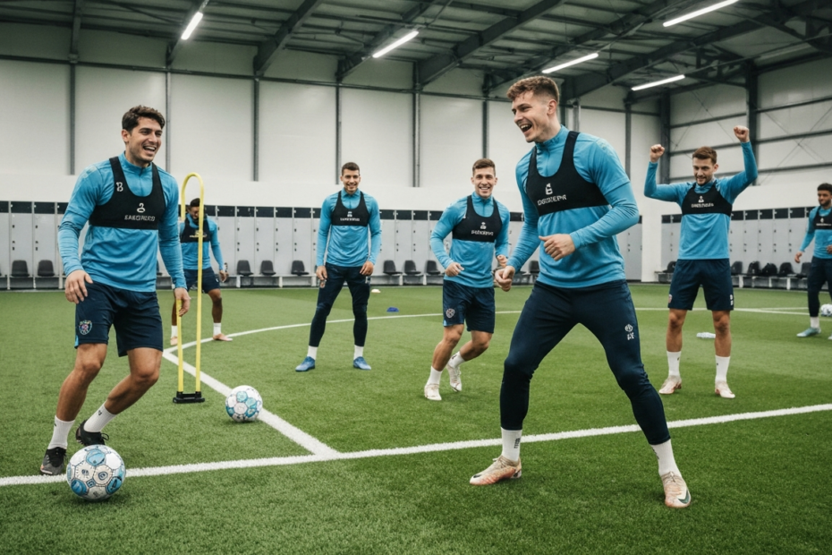 Cómo optimizar entrenamientos con patrocinios deportivos 1 Photorealistic image of a modern football training session with players wearing branded gear, using high-tech equipment like GPS vests and smart balls, in a well-equipped training facility.