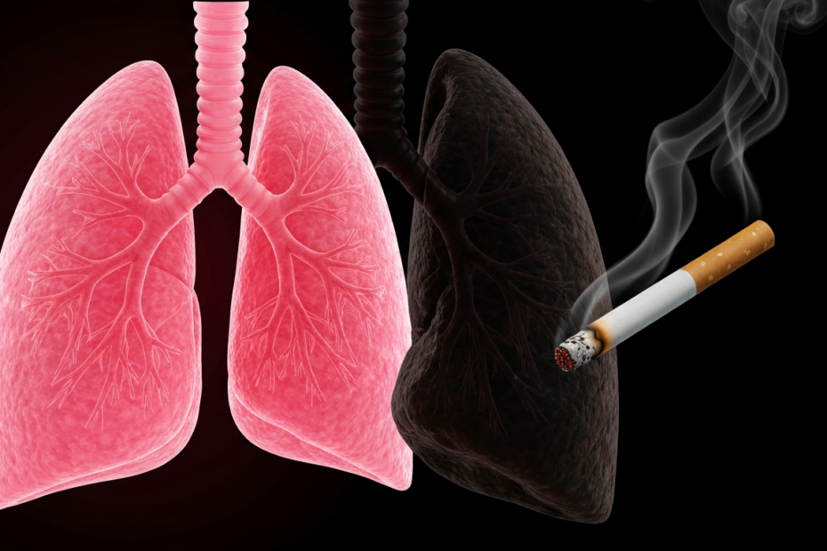 Pulmones envejecidos: el tabaco acelera 16 años su deterioro 1 Photorealistic image of a pair of human lungs, one pink and healthy on the left, and one dark, damaged and shrunken on the right, with a cigarette burning near the damaged lung. Dark background, drama