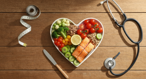 A photorealistic overhead view of a heart-shaped plate filled with colorful vegetables, fruits, whole grains, and grilled salmon, with a measuring tape and stethoscope nearby, on a wooden table, natur