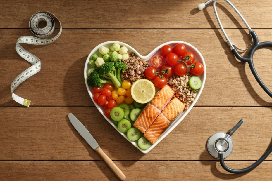 Dieta y riesgo cardiovascular: lo que revelan miles de pacientes 1 A photorealistic overhead view of a heart-shaped plate filled with colorful vegetables, fruits, whole grains, and grilled salmon, with a measuring tape and stethoscope nearby, on a wooden table, natur
