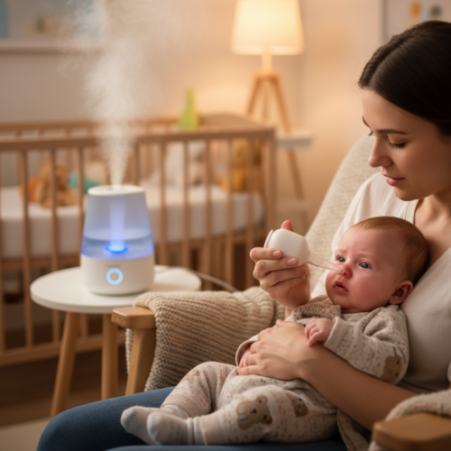 A photorealistic image of a mother gently using a nasal aspirator on her baby who has a cold, with a humidifier in the background. The scene is warm and caring, soft lighting, home environment.