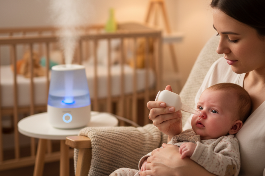 Bronquiolitis en niños: cuidados y prevención ante el aumento de casos 1 A photorealistic image of a mother gently using a nasal aspirator on her baby who has a cold, with a humidifier in the background. The scene is warm and caring, soft lighting, home environment.