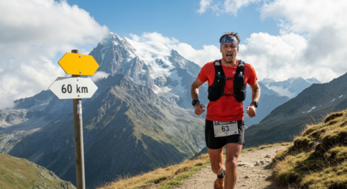 A photorealistic image of a trail runner in the Alps, running on a mountain path with the Mont Blanc in the background, wearing a hydration vest and showing effort, with a signpost indicating 60 km. T