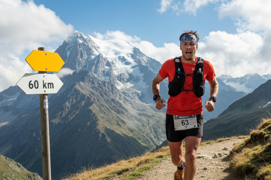 UTMB OCC 2025: Nuevos 60 km, Retos y Preparación 1 A photorealistic image of a trail runner in the Alps, running on a mountain path with the Mont Blanc in the background, wearing a hydration vest and showing effort, with a signpost indicating 60 km. T