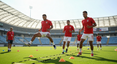Photorealistic image of a Panamanian national soccer team training session on a green field under bright sunlight, players wearing red jerseys and white shorts, doing high-intensity interval drills wi