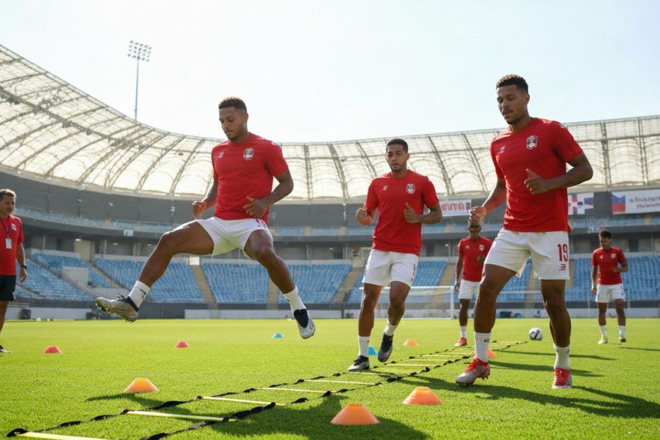 Entrenamiento de la Selección de Panamá: Claves para un Amistoso de Alto Nivel 1 Photorealistic image of a Panamanian national soccer team training session on a green field under bright sunlight, players wearing red jerseys and white shorts, doing high-intensity interval drills wi