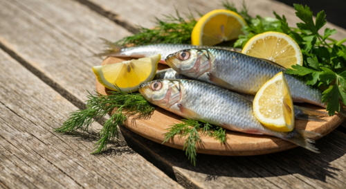 A photorealistic close-up of fresh sardines on a rustic wooden table, with lemon wedges and herbs, natural lighting, high detail, no text.