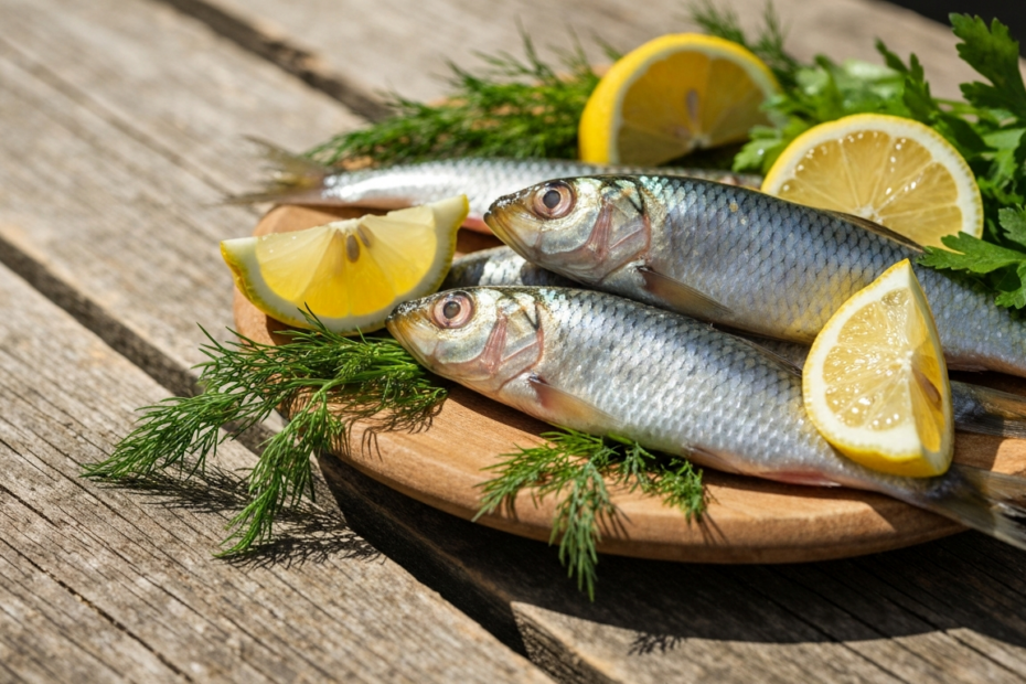 Sardinas y longevidad: el superalimento del mar 1 A photorealistic close-up of fresh sardines on a rustic wooden table, with lemon wedges and herbs, natural lighting, high detail, no text.