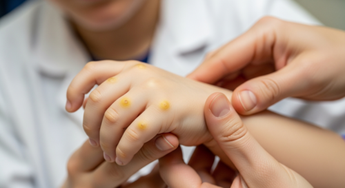 A photorealistic image of a child's hand showing small yellowish bumps (xantomas) on the knuckles and wrist, with a concerned parent holding the hand. Soft natural lighting, medical context, no text o