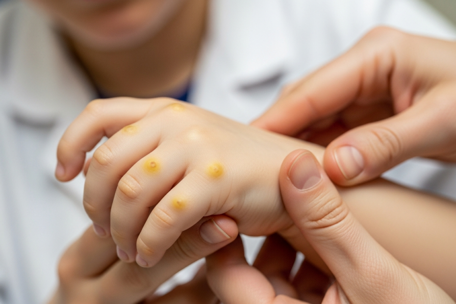 A photorealistic image of a child's hand showing small yellowish bumps (xantomas) on the knuckles and wrist, with a concerned parent holding the hand. Soft natural lighting, medical context, no text o