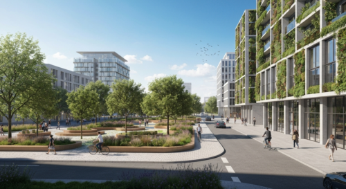 A photorealistic image of a modern city street with green roofs, vertical gardens on buildings, and a park with native trees and permeable pavement, under a clear blue sky. People are walking and cycl