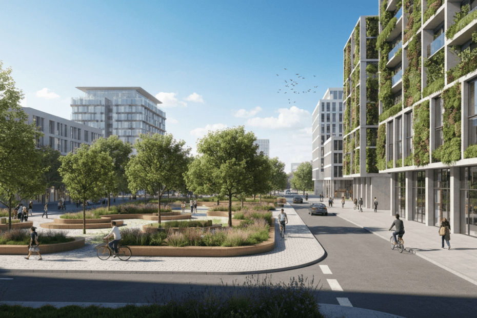 Urbanismo verde: cómo la crisis climática exige replantear las ciudades 1 A photorealistic image of a modern city street with green roofs, vertical gardens on buildings, and a park with native trees and permeable pavement, under a clear blue sky. People are walking and cycl