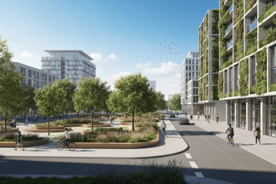 Urbanismo verde: cómo la crisis climática exige replantear las ciudades 1 A photorealistic image of a modern city street with green roofs, vertical gardens on buildings, and a park with native trees and permeable pavement, under a clear blue sky. People are walking and cycl
