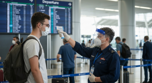A photorealistic image of a traveler at an airport checkpoint, with a health official in protective gear checking the traveler's temperature using a non-contact thermometer. The background shows a dep