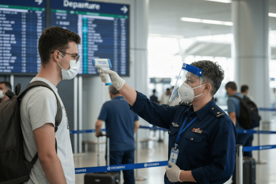 A photorealistic image of a traveler at an airport checkpoint, with a health official in protective gear checking the traveler's temperature using a non-contact thermometer. The background shows a dep