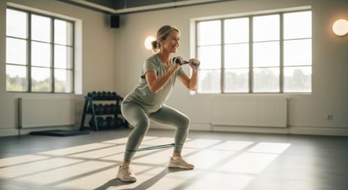 A photorealistic image of a woman in her 50s doing a squat with a resistance band in a bright, modern gym, smiling, with soft natural lighting, no text or logos.