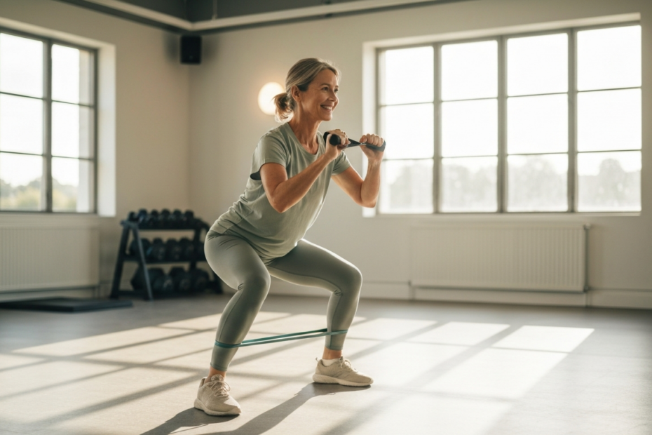 Entrenamiento de resistencia low impact en la menopausia: guía científica 1 A photorealistic image of a woman in her 50s doing a squat with a resistance band in a bright, modern gym, smiling, with soft natural lighting, no text or logos.