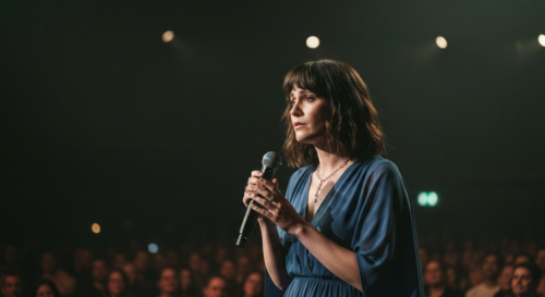 A photorealistic image of a female singer on stage with a thoughtful expression, dim lights, and a microphone, conveying vulnerability and the weight of public scrutiny.