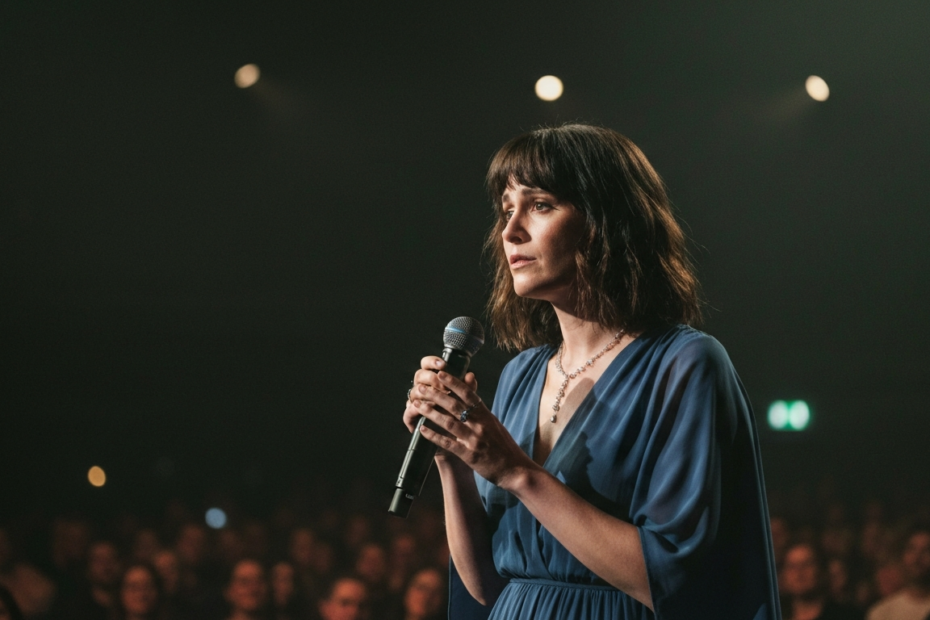 Salud mental y crítica pública: el caso Amaia Montero 1 A photorealistic image of a female singer on stage with a thoughtful expression, dim lights, and a microphone, conveying vulnerability and the weight of public scrutiny.