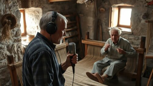 A sound technician wearing headphones holds a sensitive microphone close to a traditional wooden loom where an elderly artisan weaves hemp, inside a rustic stone workshop in Castellón, soft natural l