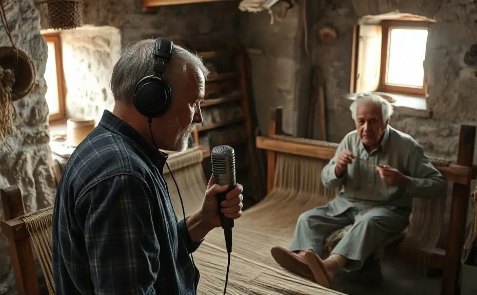 Sonidos ocultos de Castellón renacen en laboratorio cultural 1 A sound technician wearing headphones holds a sensitive microphone close to a traditional wooden loom where an elderly artisan weaves hemp, inside a rustic stone workshop in Castellón, soft natural l