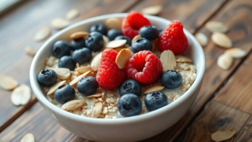 Photorealistic close-up of a white ceramic bowl filled with oatmeal topped with fresh blueberries, raspberries, and sliced almonds, on a rustic wooden table, natural morning light.
