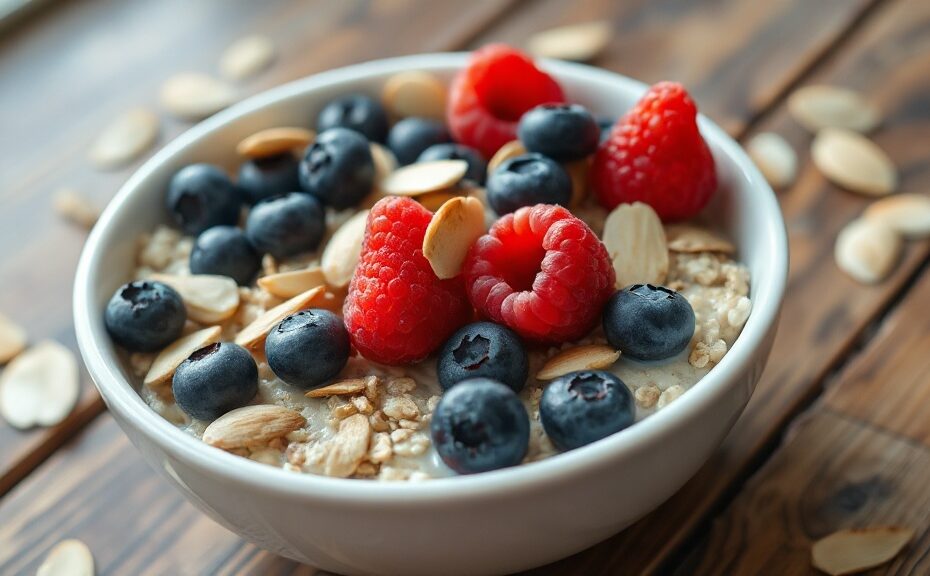 6 Alimentos que Bajan el Colesterol: Cantidades y Ciencia 1 Photorealistic close-up of a white ceramic bowl filled with oatmeal topped with fresh blueberries, raspberries, and sliced almonds, on a rustic wooden table, natural morning light.