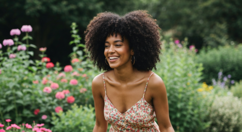 A detailed photorealistic image of a woman with curly hair, showing defined and frizz-free curls in a sunny summer outdoor setting. She is smiling, wearing a light summer dress, and the background inc