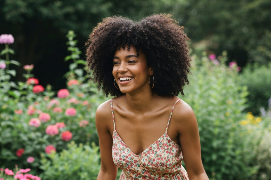 Cómo definir rizos sin frizz en verano: guía capilar completa 1 A detailed photorealistic image of a woman with curly hair, showing defined and frizz-free curls in a sunny summer outdoor setting. She is smiling, wearing a light summer dress, and the background inc