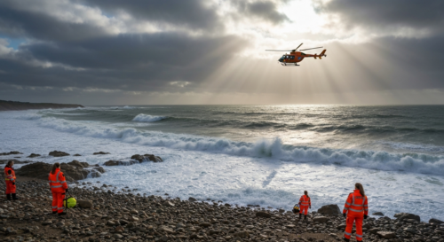 Photorealistic image of a rocky coastline with rough waves crashing against the rocks, a rescue helicopter hovering above, and emergency personnel on the shore. No text or logos. High detail, dramatic
