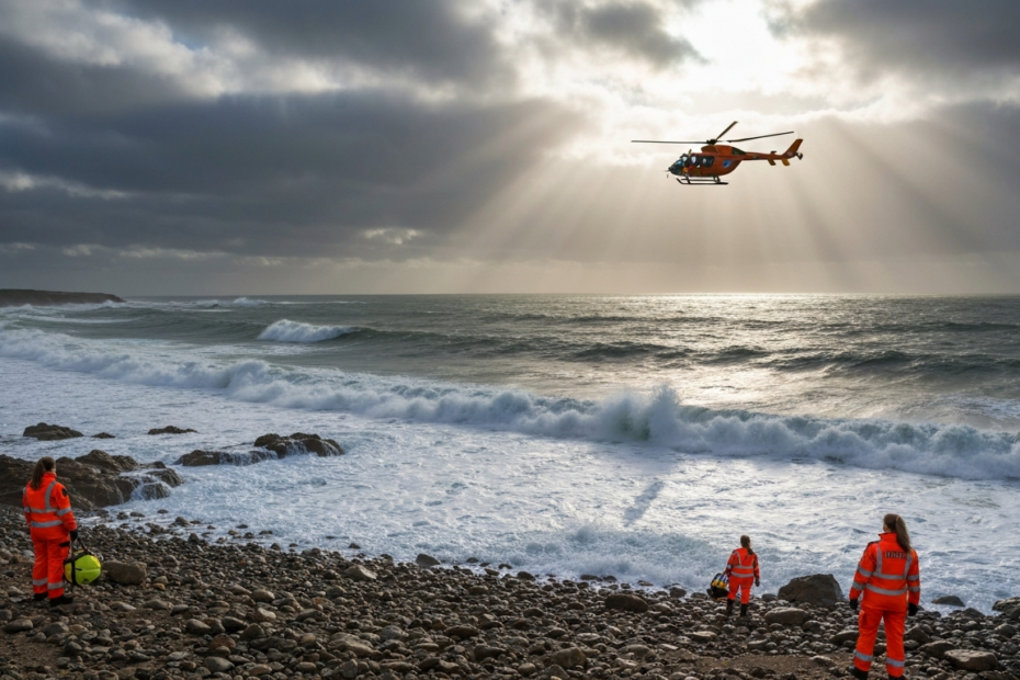 Rescate en el mar: protocolos y seguridad en zonas rocosas 1 Photorealistic image of a rocky coastline with rough waves crashing against the rocks, a rescue helicopter hovering above, and emergency personnel on the shore. No text or logos. High detail, dramatic