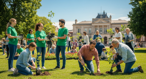 A photorealistic image of a community event on World Environment Day, with volunteers distributing small potted trees and plants to residents in a sunny park. People of all ages are smiling, holding s