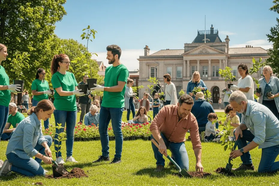 Cómo celebrar el Día Mundial del Medioambiente en tu comunidad 17 A photorealistic image of a community event on World Environment Day, with volunteers distributing small potted trees and plants to residents in a sunny park. People of all ages are smiling, holding s