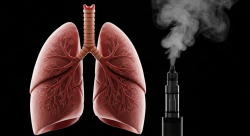 Photorealistic image of a pair of healthy human lungs next to an electronic cigarette emitting vapor, with a dark background, detailed anatomy, soft lighting, medical style.