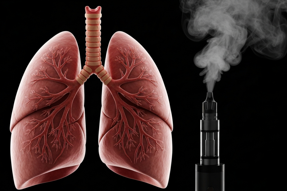 Vapeo y salud pulmonar: riesgos reales más allá del cigarrillo electrónico 1 Photorealistic image of a pair of healthy human lungs next to an electronic cigarette emitting vapor, with a dark background, detailed anatomy, soft lighting, medical style.