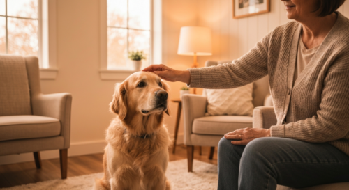 A photorealistic image of a therapy dog sitting calmly next to a person in a cozy therapy room, with soft natural light, warm colors, and a focus on the interaction between the dog and the person's ha