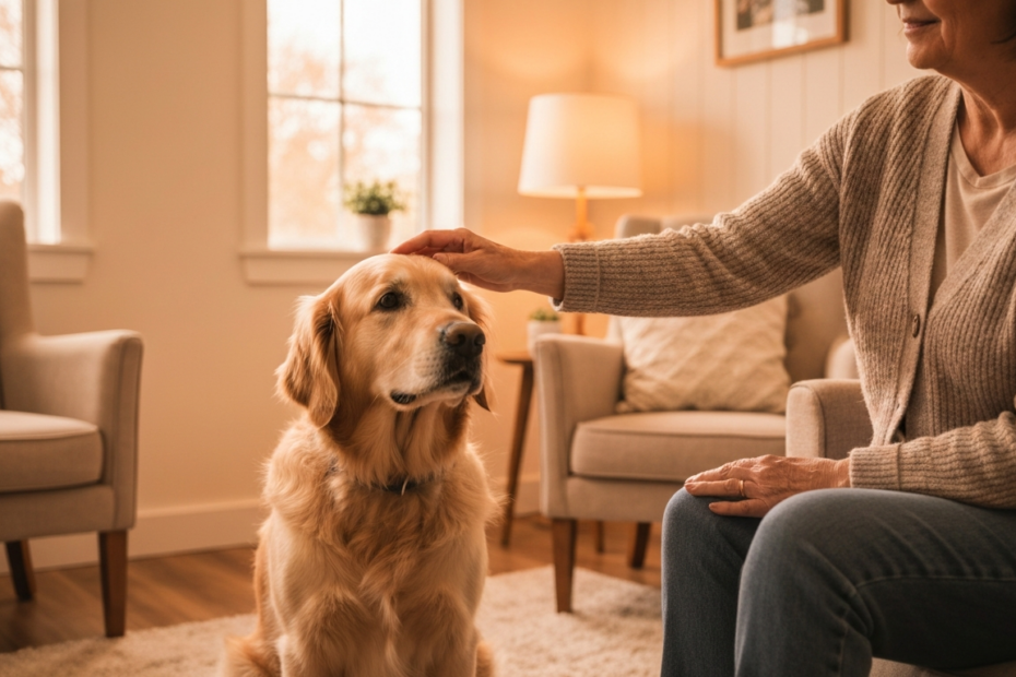 Terapia canina: beneficios para la salud mental respaldados por la ciencia 1 A photorealistic image of a therapy dog sitting calmly next to a person in a cozy therapy room, with soft natural light, warm colors, and a focus on the interaction between the dog and the person's ha