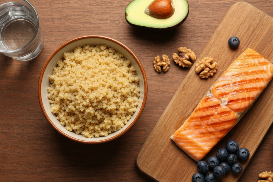 Clave para la salud del corazón: calidad de nutrientes, no solo restricción 1 A photorealistic overhead shot of a wooden table with a variety of heart-healthy foods: a bowl of quinoa, grilled salmon, avocado slices, a handful of walnuts, blueberries, and a glass of water. Natur