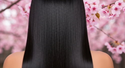 A close-up photorealistic image of a woman's long, straight, glossy black hair with mirror-like shine, reflecting light like glass. The hair is smooth and frizz-free, with a subtle background of soft