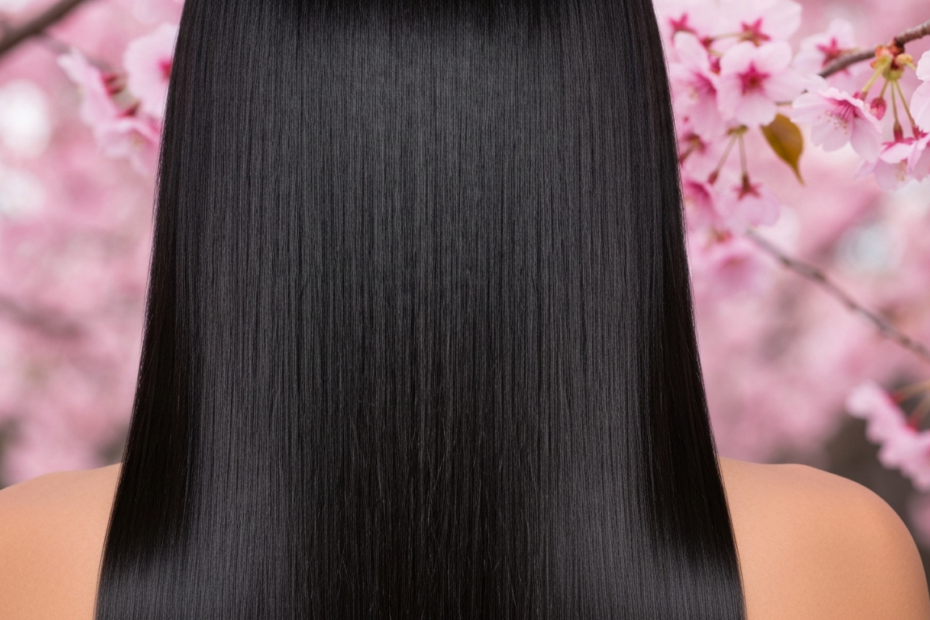 Rutina coreana glass hair para brillo extremo 1 A close-up photorealistic image of a woman's long, straight, glossy black hair with mirror-like shine, reflecting light like glass. The hair is smooth and frizz-free, with a subtle background of soft