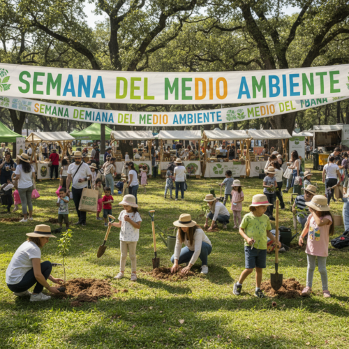 A vibrant community event in a sunny park, families and children participating in a tree planting activity, with colorful banners reading 'Semana del Medio Ambiente' and eco-friendly stalls in the bac